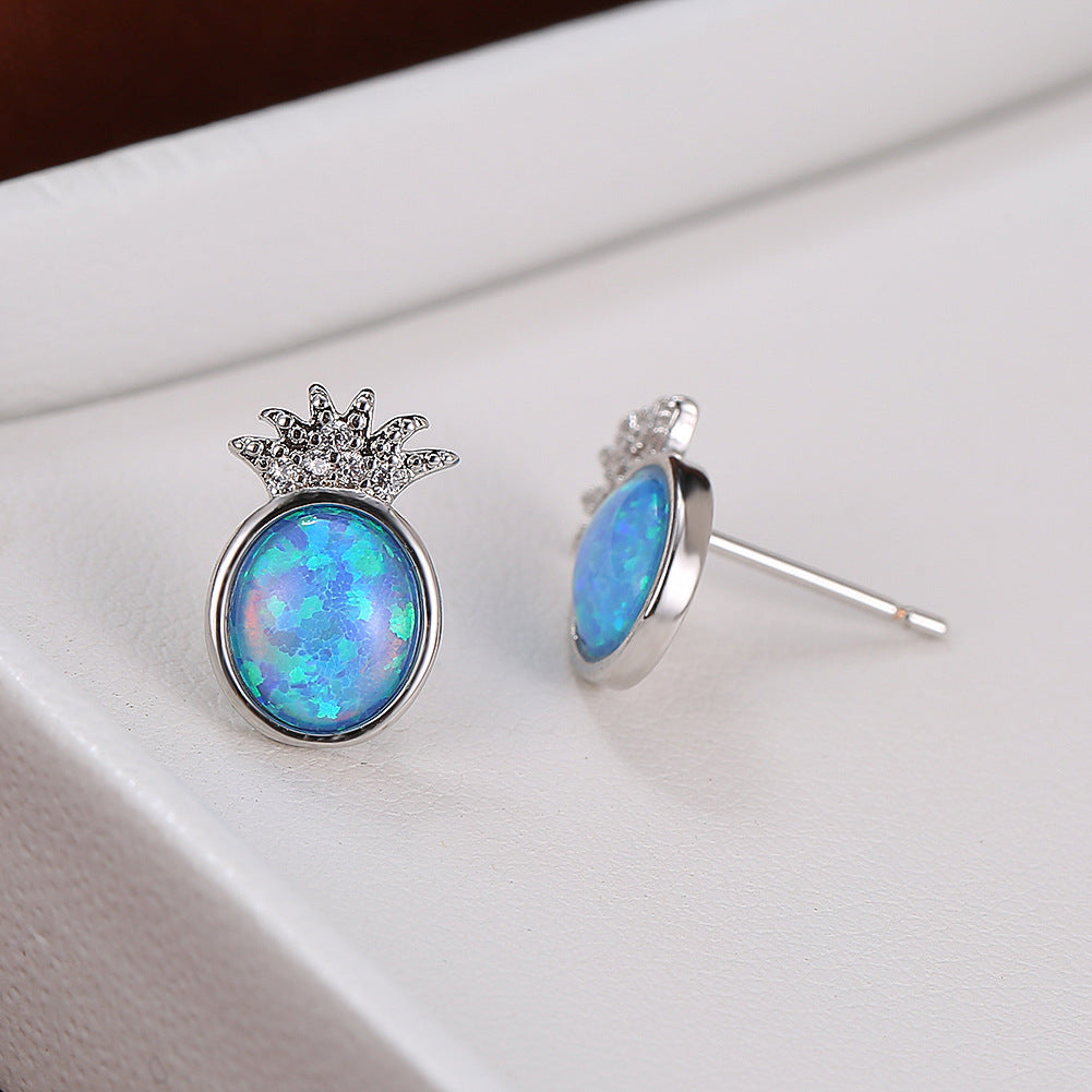 Women's Pineapple Shape Oval Opal Stud Earrings With Round Zirconia Accent, with White Gold Plating