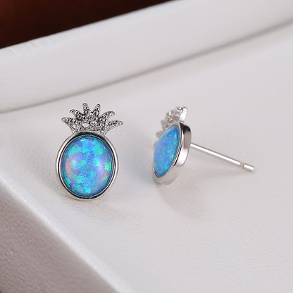 Women's Pineapple Shape Oval Opal Stud Earrings With Round Zirconia Accent, with White Gold Plating