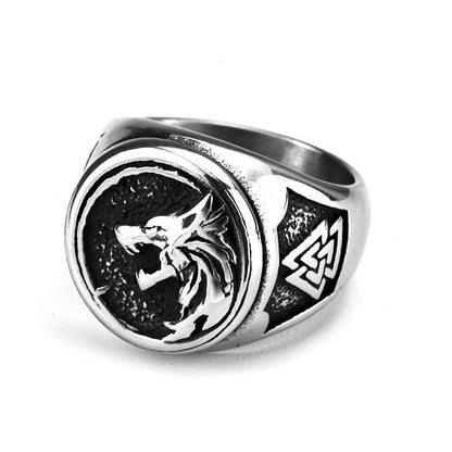 Vintage Solid Stainless Steel Norse Viking Wolf Head Valknut Triangle Band Ring for Men