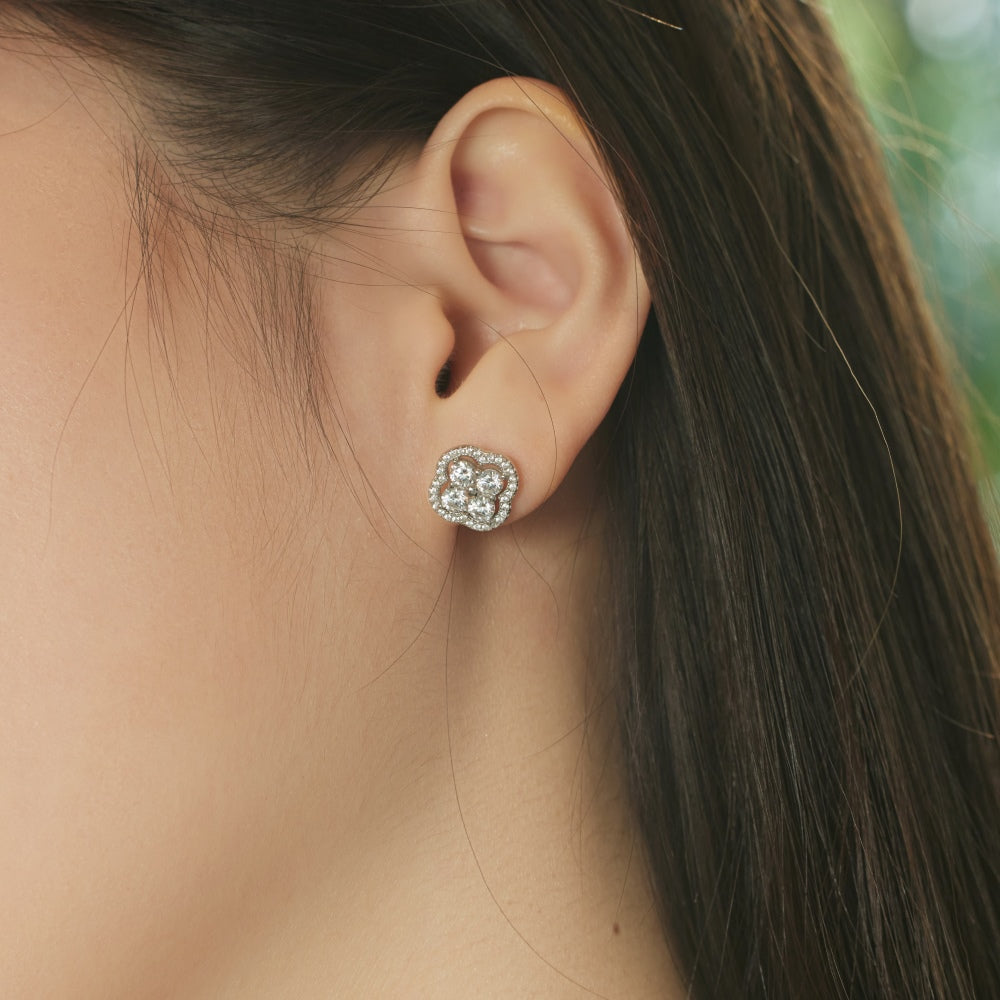 Women's Clover Halo Stud Earrings, Round Clear Zirconia, S925 with White Gold Plating