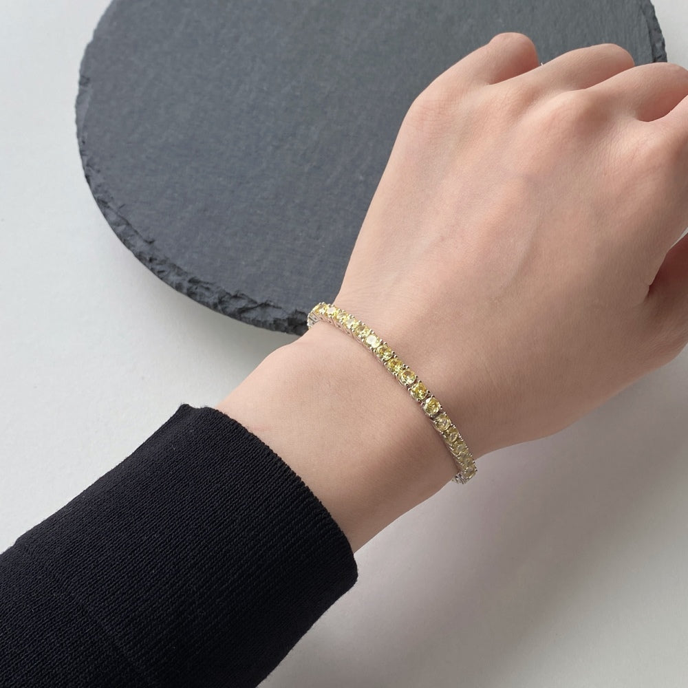 Women's High‑End Fashion Tennis Bracelet, Round Yellow Sapphire Paved Inlay, S925 with White Gold Plating