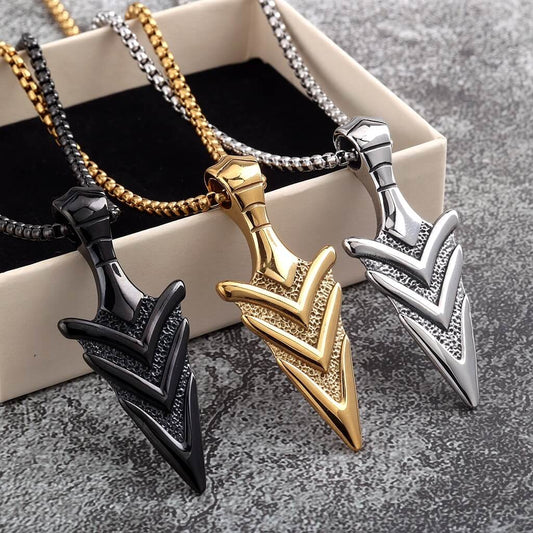 Vintage Stainless Steel Men's 3D Arrowhead Pendant Necklace