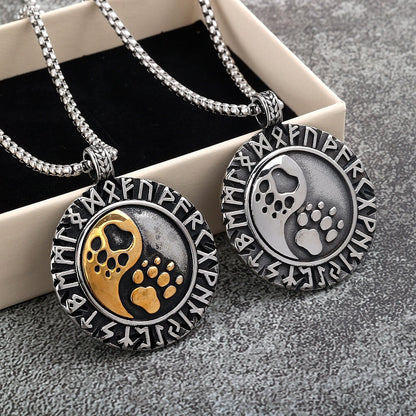 Vintage Stainless Steel Double Sided Viking Rune Bear Paw Print Pendant Necklace for Men