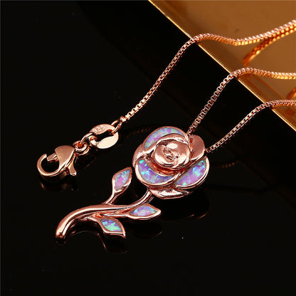 Fashion Rose Gold Purple Opal Large Rose Flower Pendant Necklace