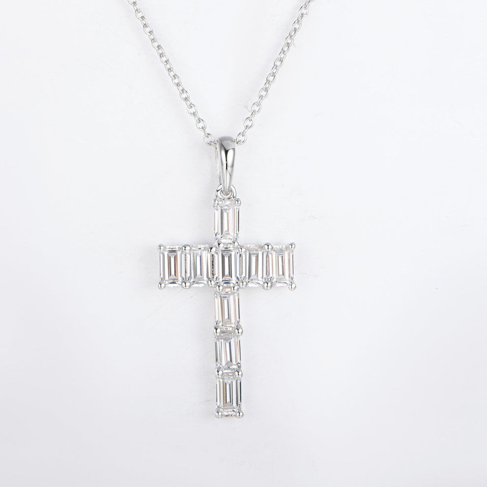 Women's Sterling Silver Emerald Cut Moissanite Tennis Cross Pendant