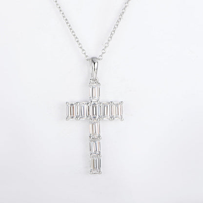 Women's Sterling Silver Emerald Cut Moissanite Tennis Cross Pendant