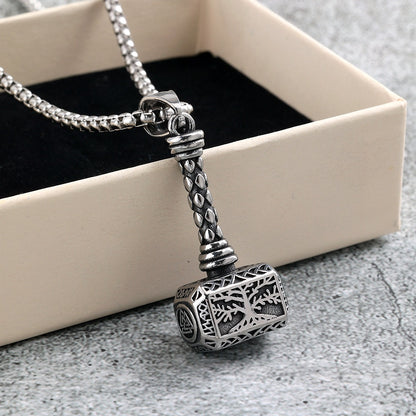 Men's Steel Hollow Tree Of Life Thor Hammer Pendant Necklace