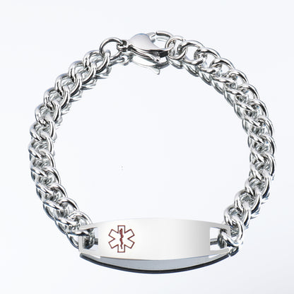 Men’s Silver Tone Stainless Steel Bracelet with Curved Medical Tag Wrist Jewelry