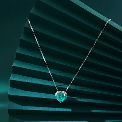 Women's Heart Pendant Necklace, Paraiba Color Green Sapphire Inlay, S925 with White Gold Plating