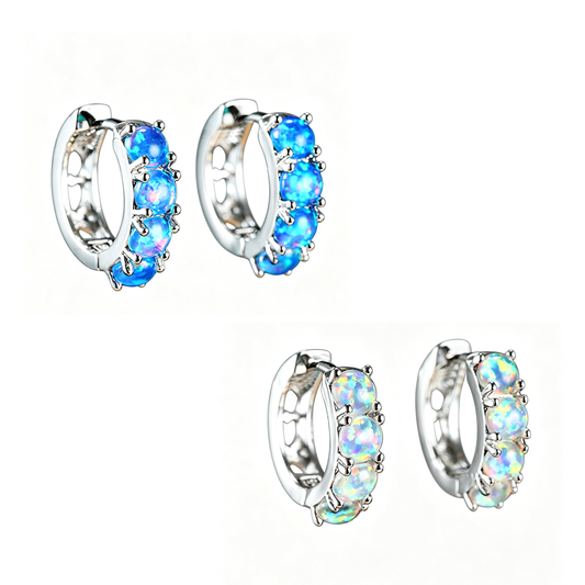 Women's C Shape Hoop Inlaid Round Blue & White Opal Huggie Earrings, White Gold Plating