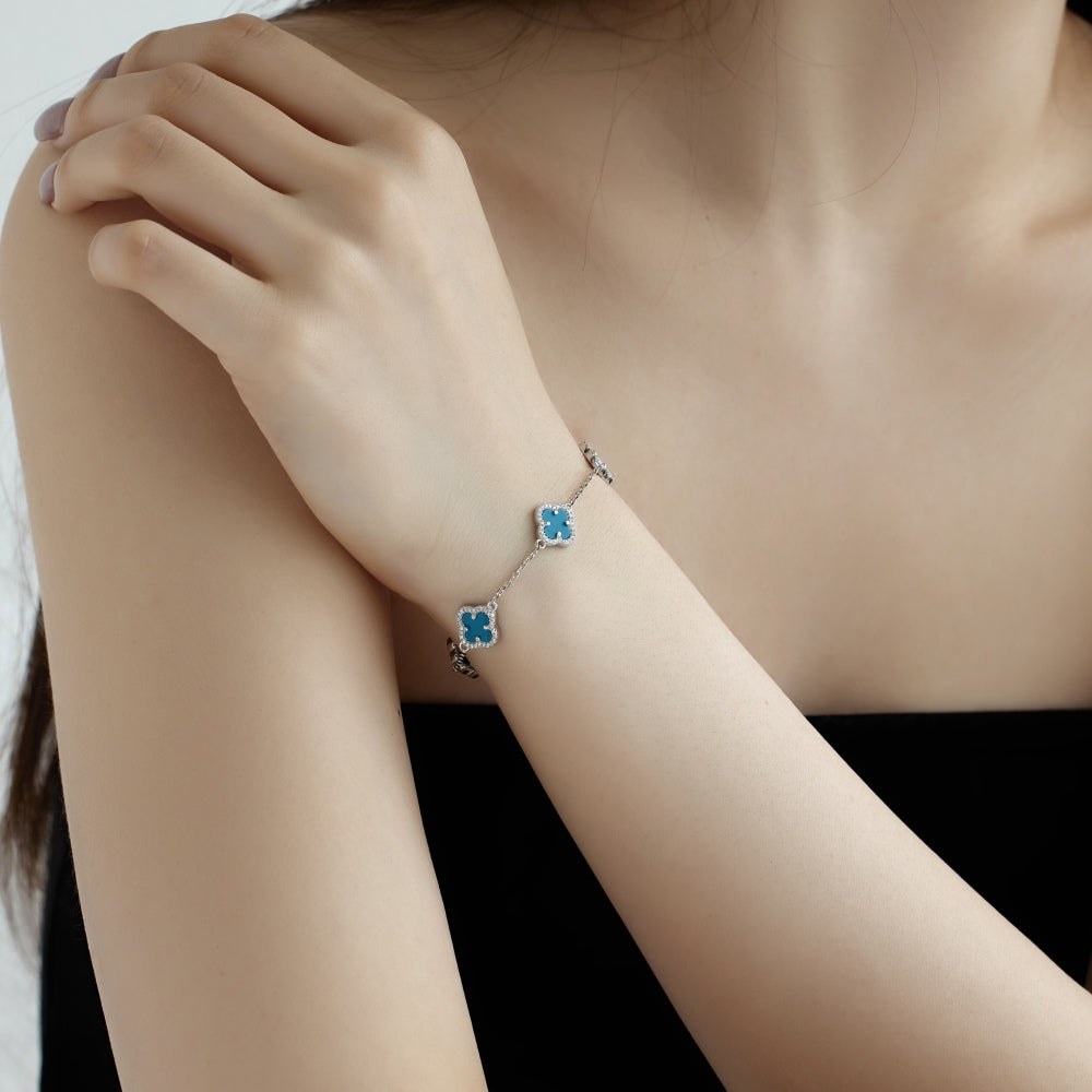 Women's Delicate Bracelet, Turquoise & Round White Zirconia Inlay Clover Design, S925 with White Gold Plating