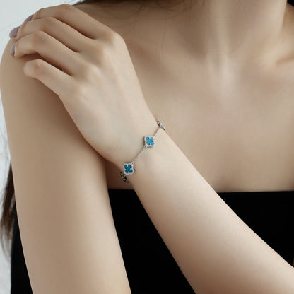 Women's Delicate Bracelet, Turquoise & Round White Zirconia Inlay Clover Design, S925 with White Gold Plating