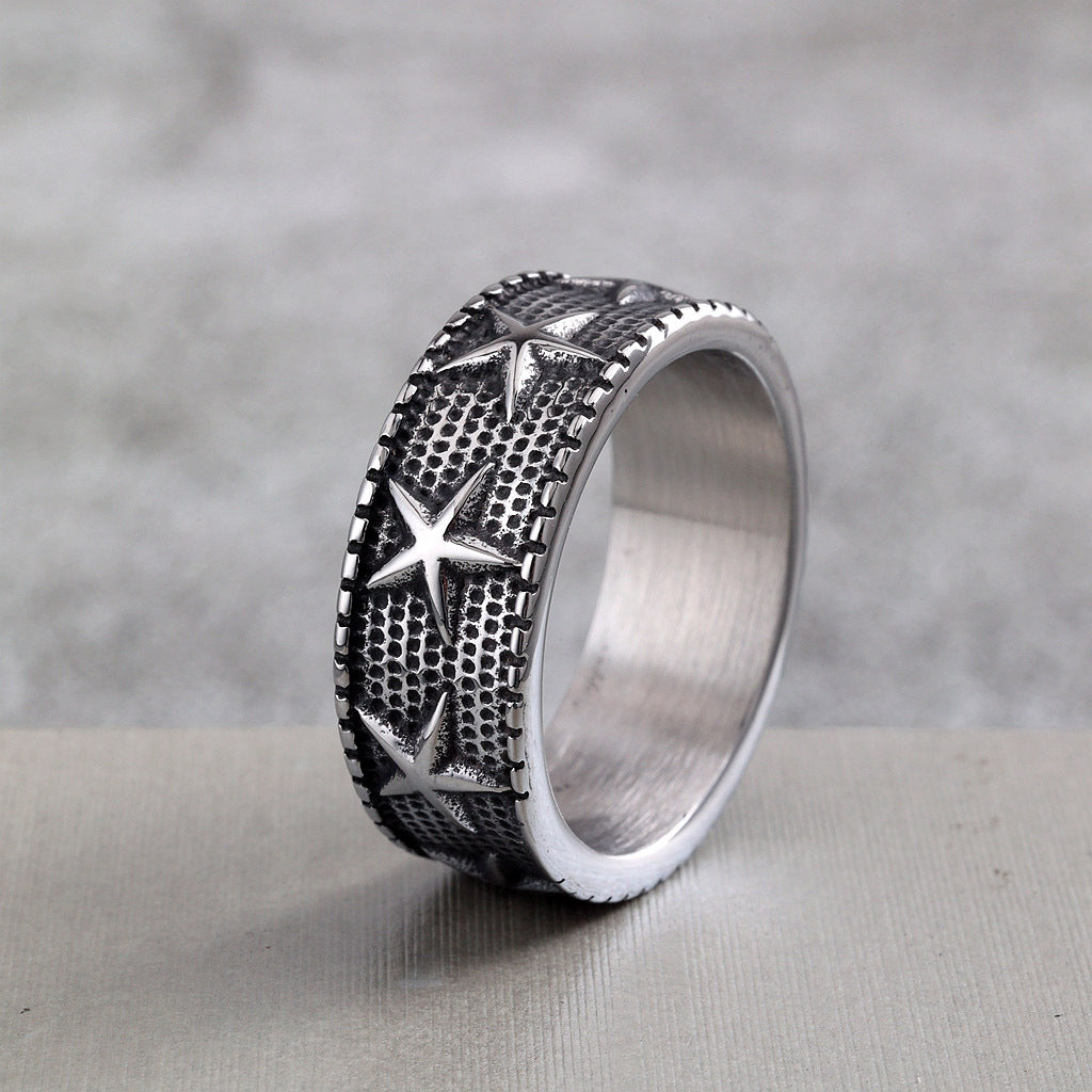 Vintage Solid Stainless Steel Five Point Starfish Round Ring for Men
