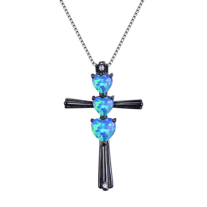 Three-love heart Opal Cross necklace