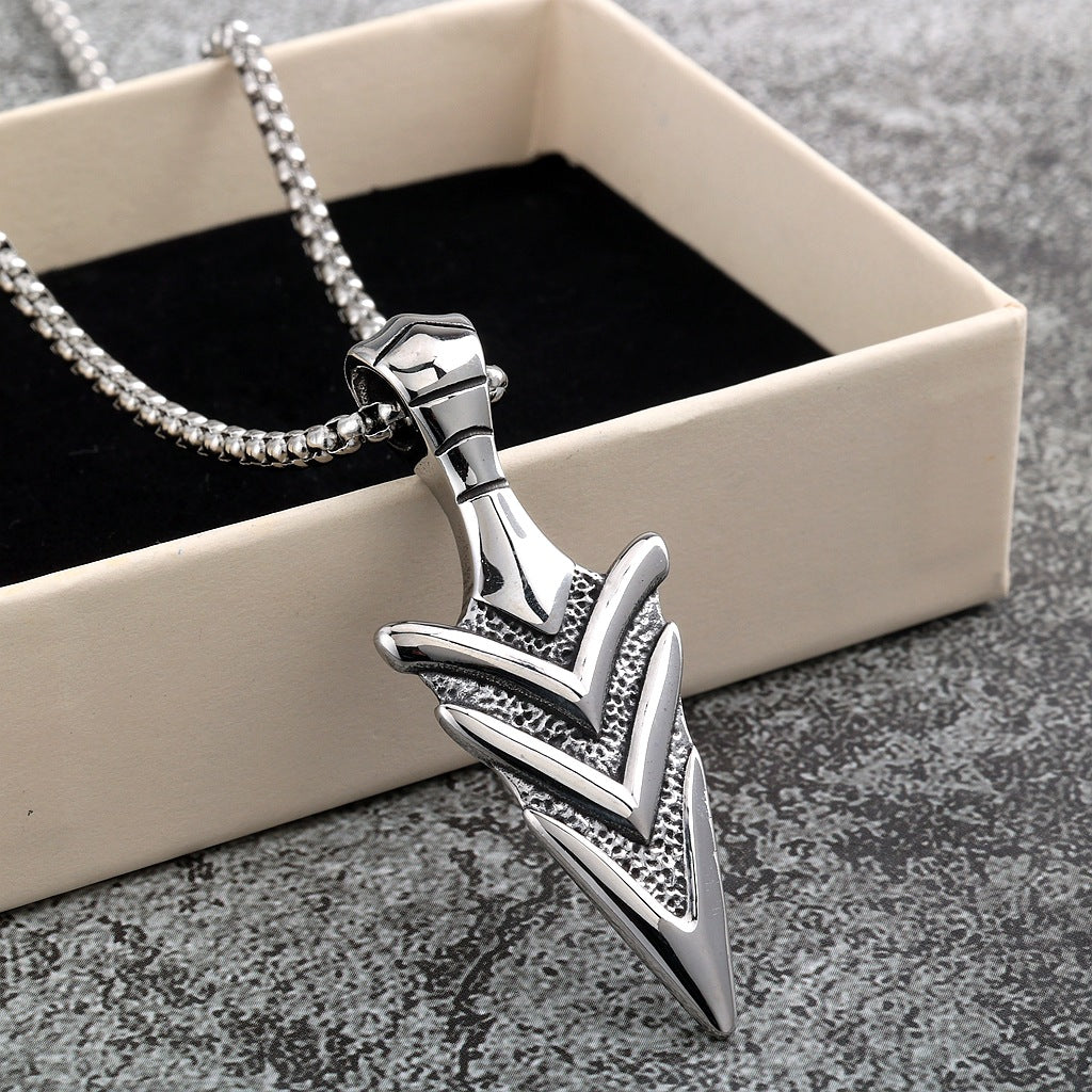 Vintage Stainless Steel Men's 3D Arrowhead Pendant Necklace