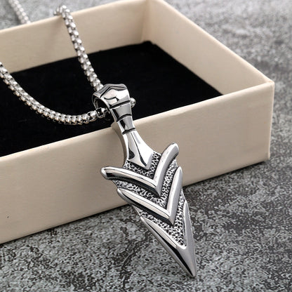 Vintage Stainless Steel Men's 3D Arrowhead Pendant Necklace