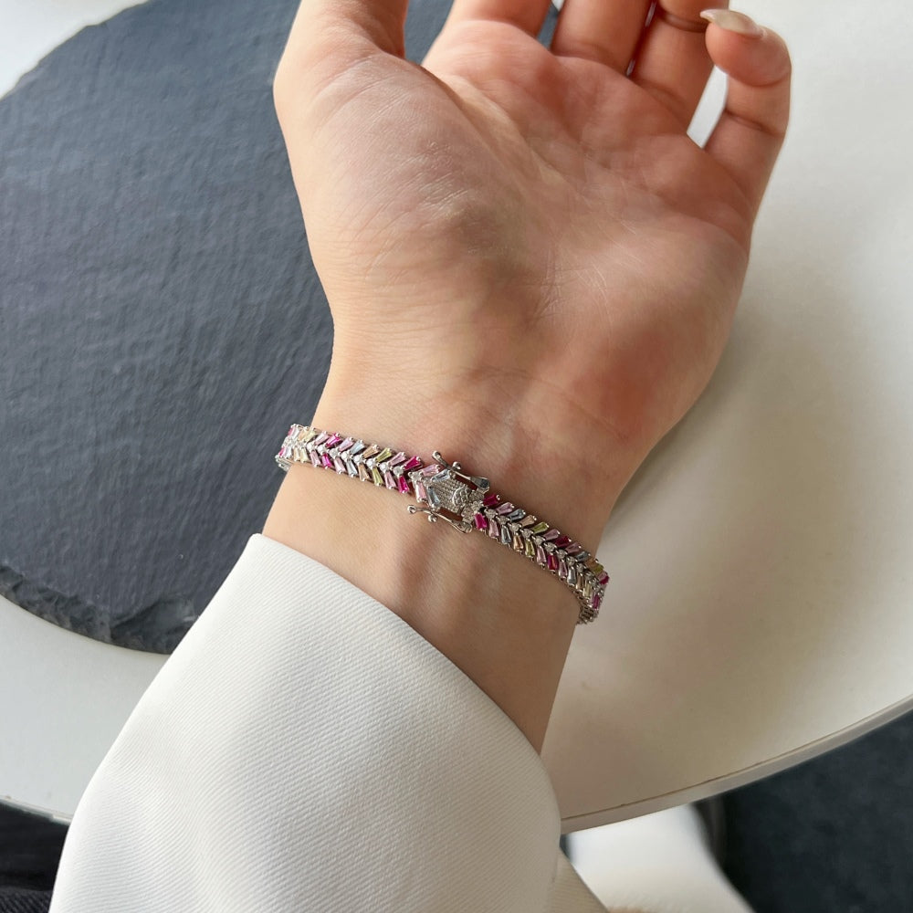 Women's High‑End Bracelet, Baguette Multicolor Gemstone & Round White Zirconia Row Inlay, S925 with White Gold Plating