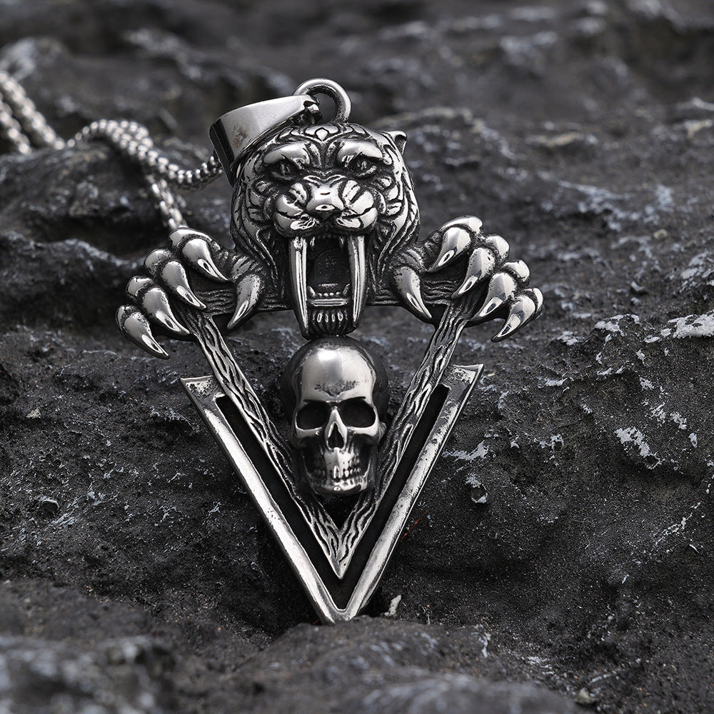 Men's Steel Sabertooth Tiger Skull Pendant Necklace