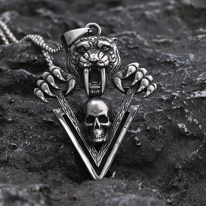 Men's Steel Sabertooth Tiger Skull Pendant Necklace