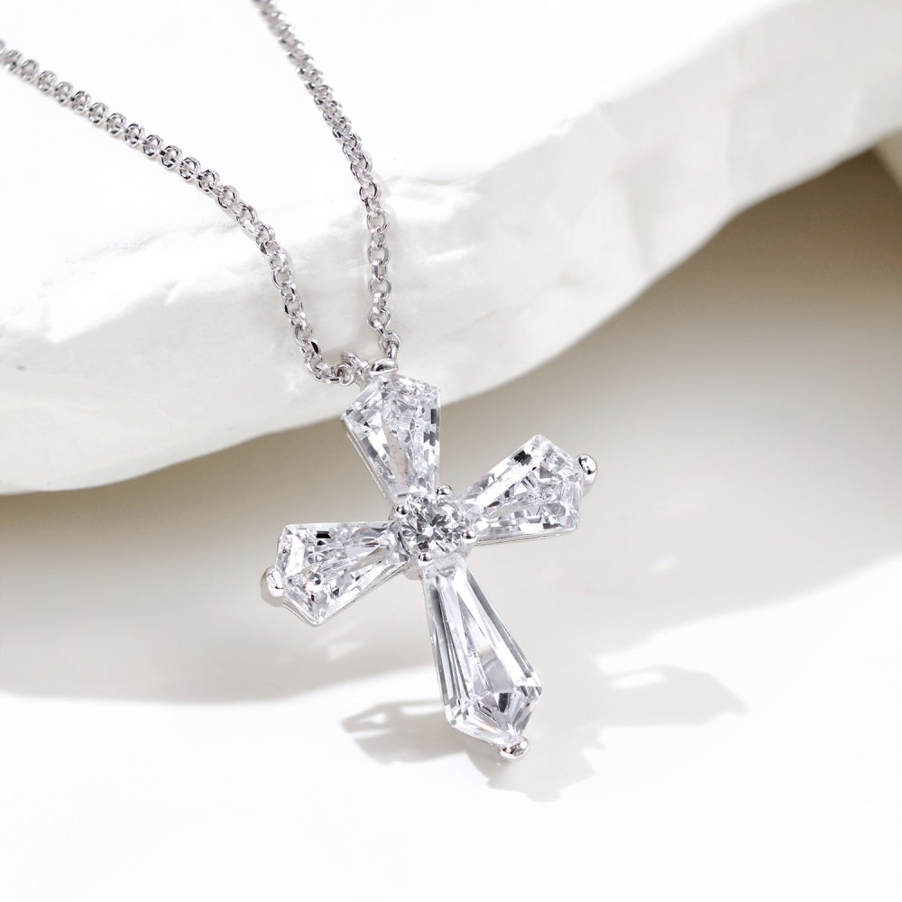 Women's Cross Pendant Necklace, Spliced Pentagon Clear Zirconia, S925 with White Gold Plating