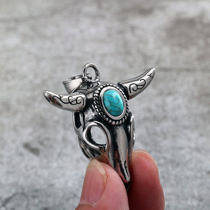 Vintage Stainless Steel green Head Pendant Necklace for Men with Inlaid Blue Stone