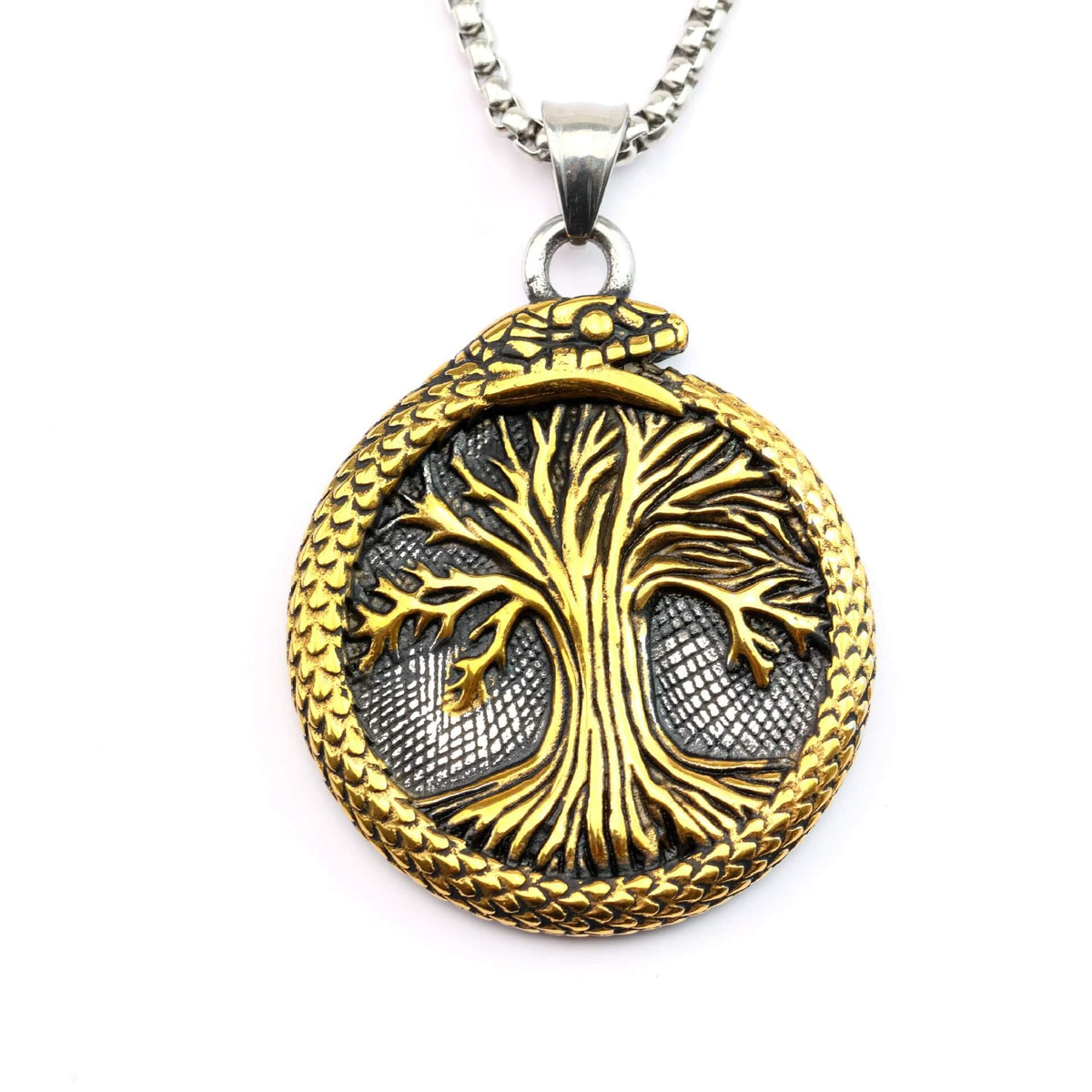 Men's Steel Vintage Ouroboros Tree of Life Round Pendant Necklace