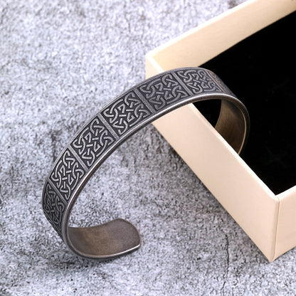 Men's Vintage Distressed Stainless Steel Cuff Bracelet, Nordic Viking Pirate Celtic Knot Open C Bangle