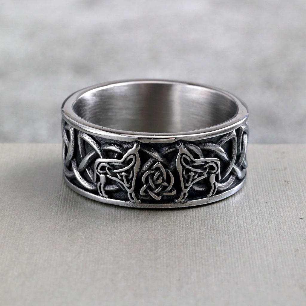 Vintage Stainless Steel Viking Wolf Head Celtic Knot Ring for Men