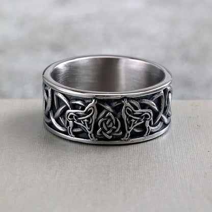 Vintage Stainless Steel Viking Wolf Head Celtic Knot Ring for Men