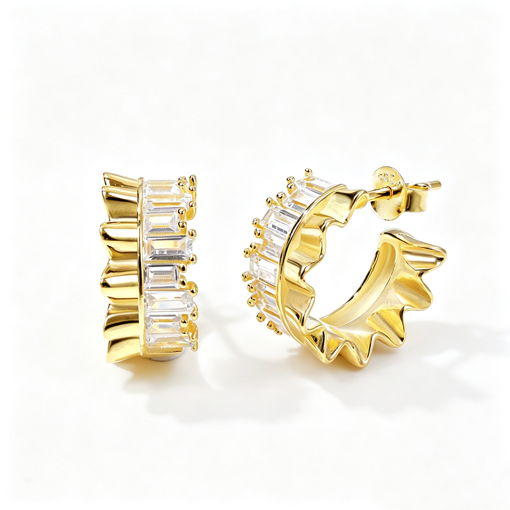 Women's Wave C‑Shape Hoop Earrings, Baguette White Zirconia Paved, S925 with Gold Plating