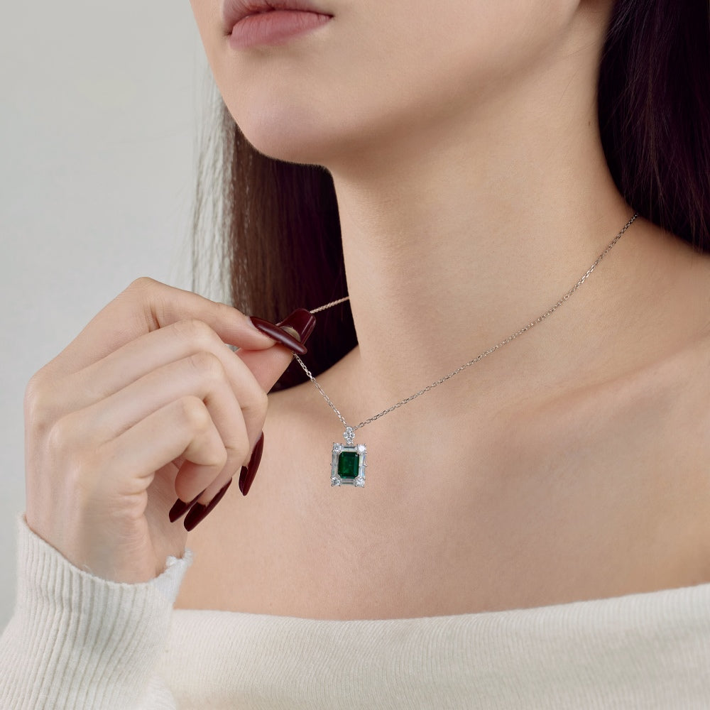 Women's Rectangular Emerald Pendant Necklace, S925 with White Gold Plating