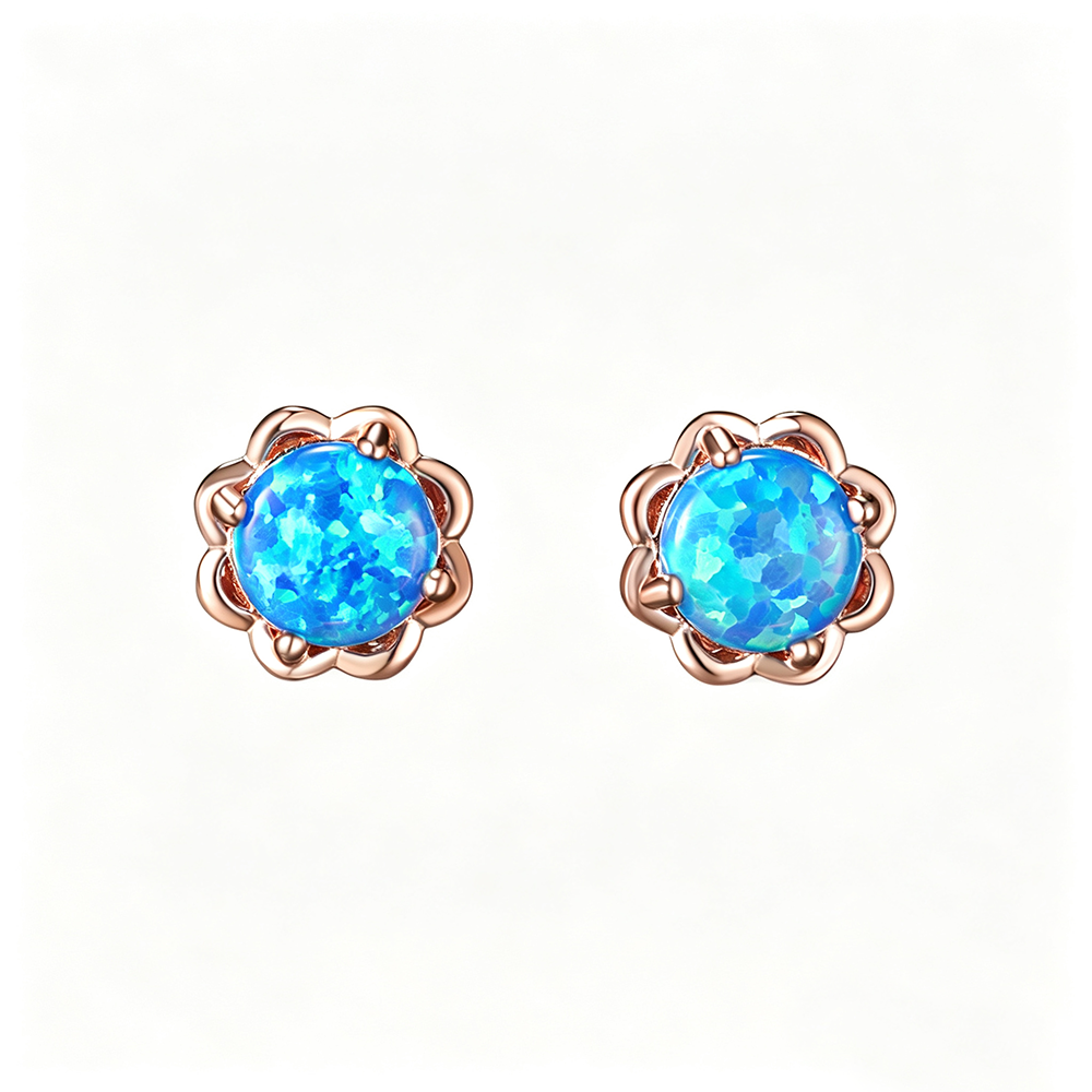 Women's 4‑Prong Flower Bezel Round White & Blue Opal Stud Earrings, S925,with White Gold Plating / with Rose Gold Plating