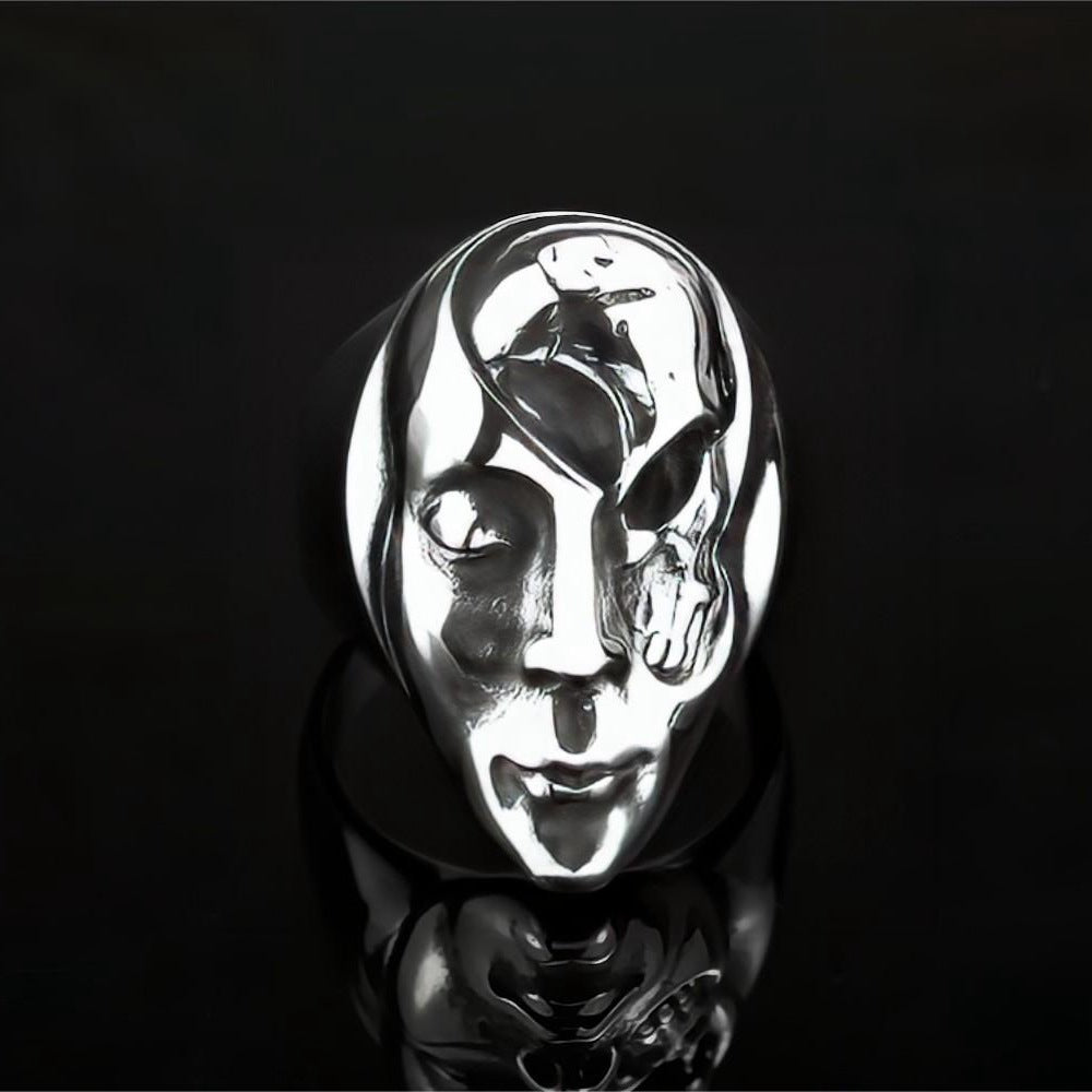 Vintage Solid Stainless Steel 3D Embossed Half Skull Face Punk Band Ring for Men