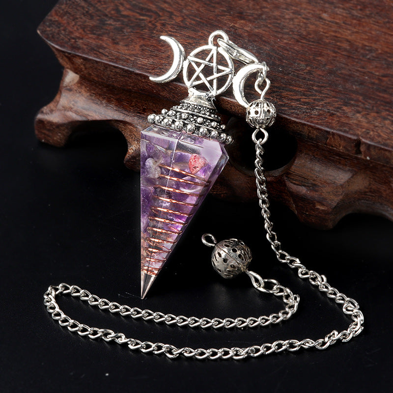 Three-phase moon seven-colored crushed stone resin crystal hexagonal pyramid spirit pendulum