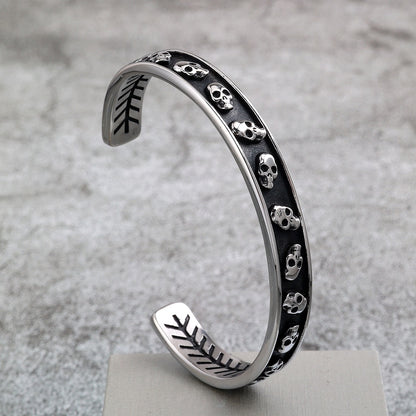 Vintage Punk Skull Stainless Steel Cuff Bracelet for Men, Biker Motorcycle Style Open C Bangle