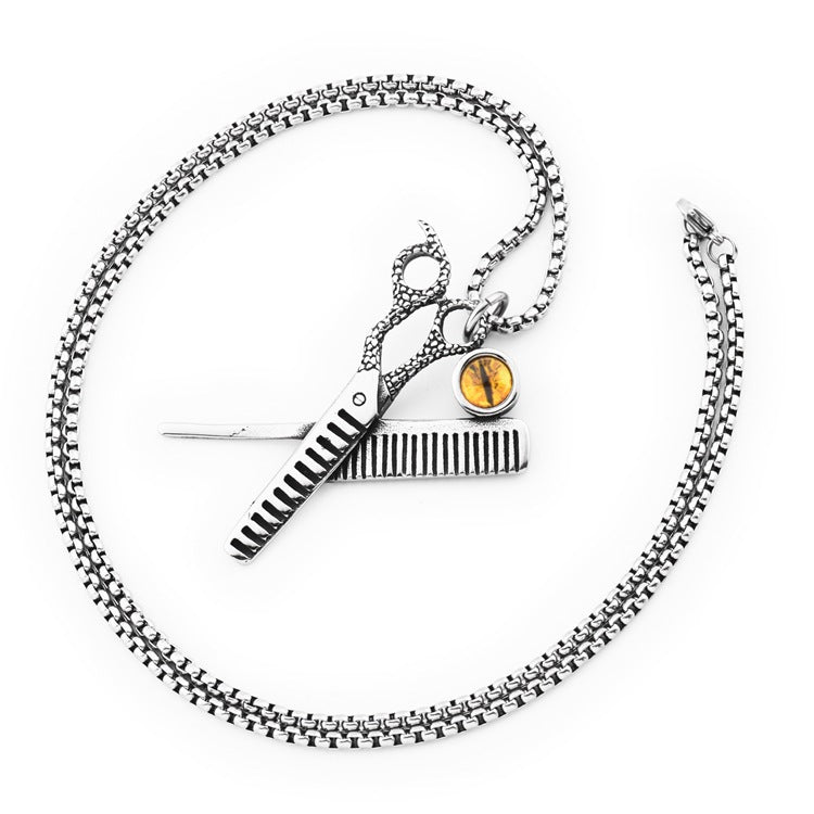 Men's Steel Scissors Comb Evil Eye Pendant Necklace