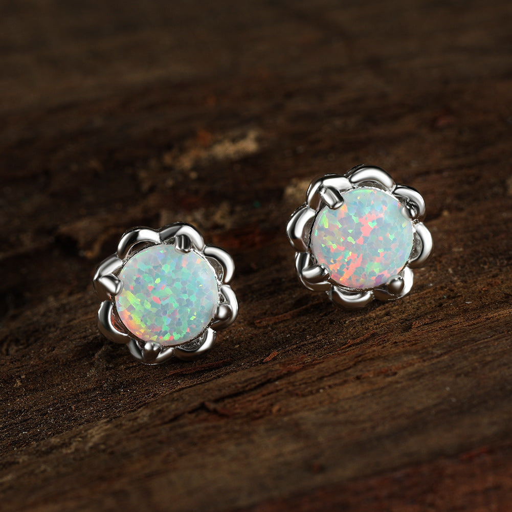 Women's 4‑Prong Flower Bezel Round White & Blue Opal Stud Earrings, S925,with White Gold Plating / with Rose Gold Plating