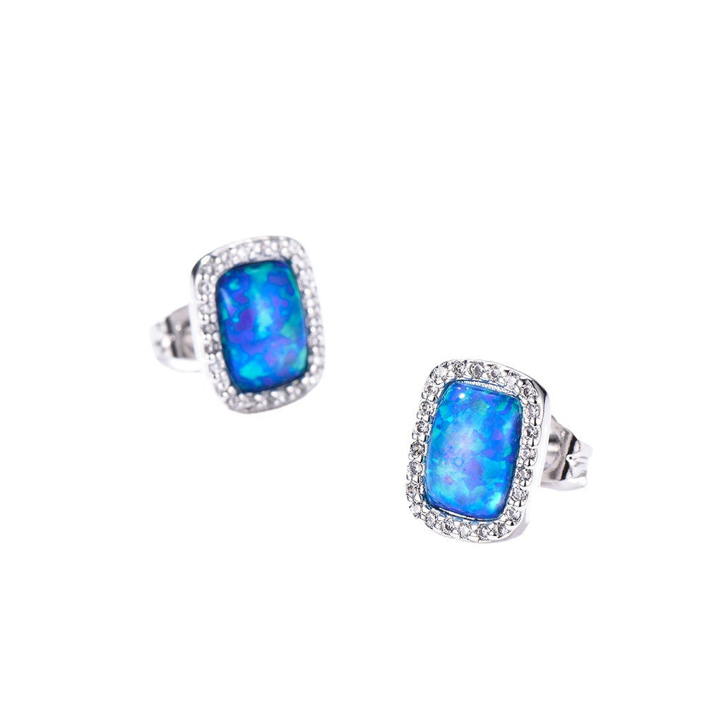 Women's Rectangle Halo Stud Earrings, Blue Opal Inlay Surrounded By Zirconia, with White Gold Plating