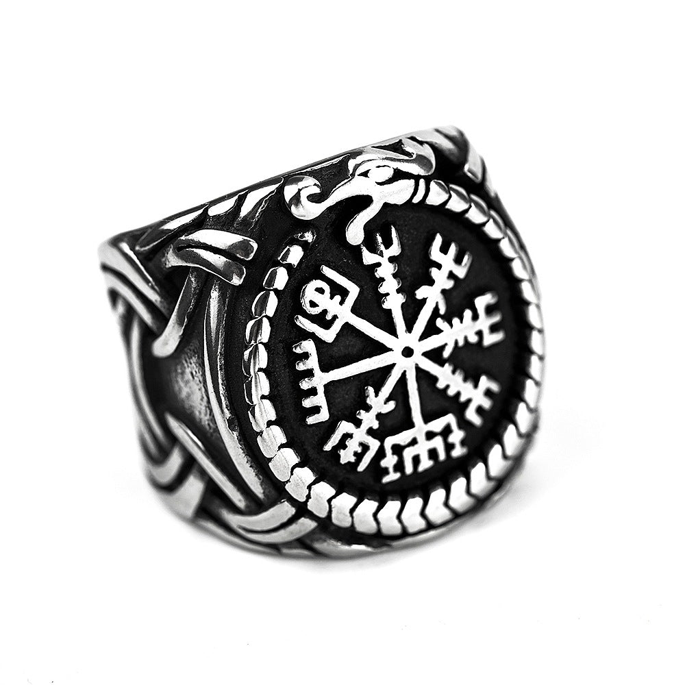 Vintage Antique Oxidized Solid Stainless Steel Norse Viking Aegishjalmur Helm of Awe Celtic Knot Wide Signet Band Ring for Men