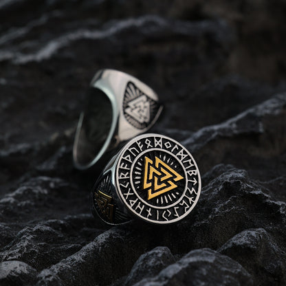 Vintage Nordic Stainless Steel Viking Triangle Symbol Rune Circle Signet Ring for Men