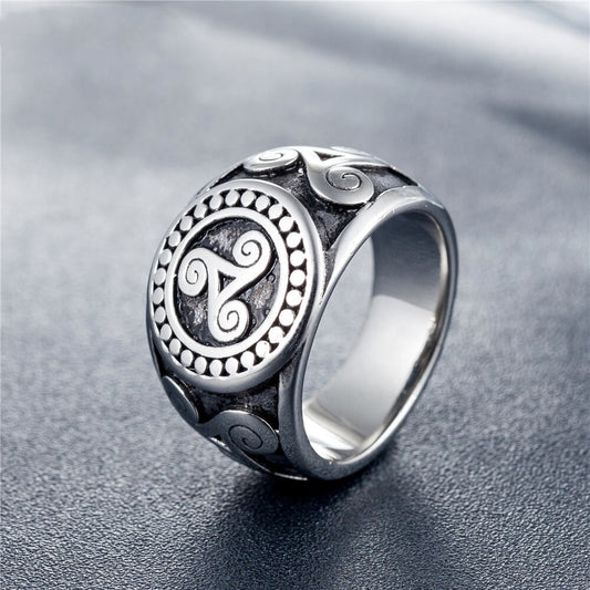 Vintage Solid Stainless Steel Viking Symbol Circle Spiral Ring for Men