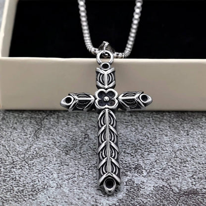 Vintage Stainless Steel Men's Double Sided Engraved Cross Pendant Necklace