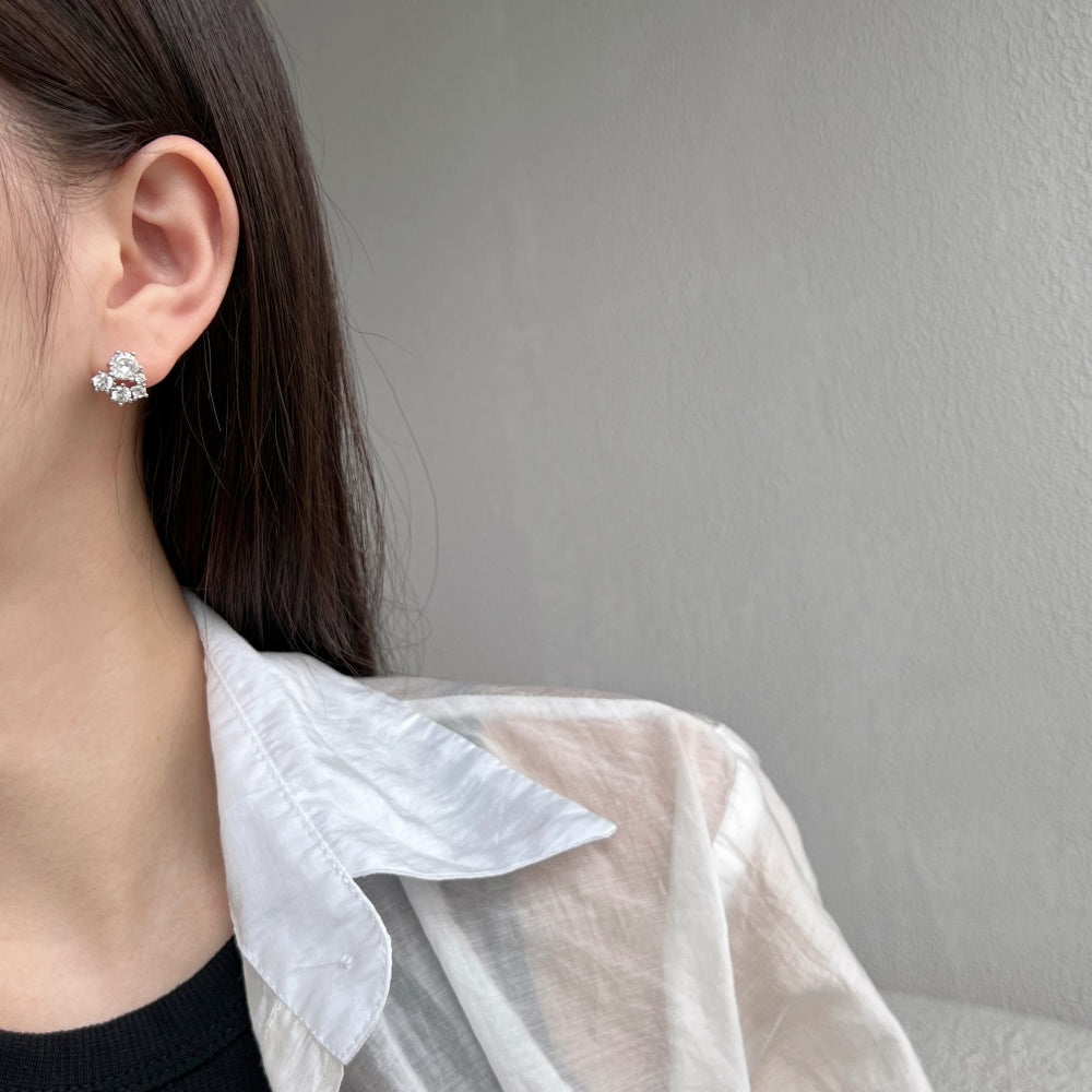 Women's Snowflake Cluster Stud Earrings, Round Clear Zirconia, S925 with White Gold Plating