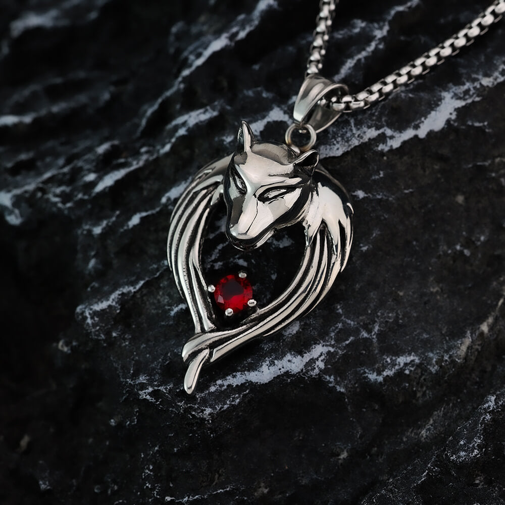 Vintage Stainless Steel Men's Wolf Head Pendant Necklace Inlaid Red Zircon