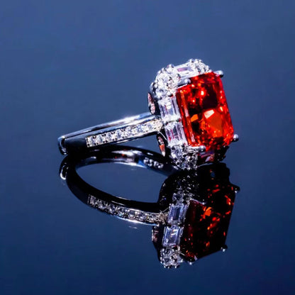 Women's White Gold Rectangle Ruby Adjustable Halo Ring