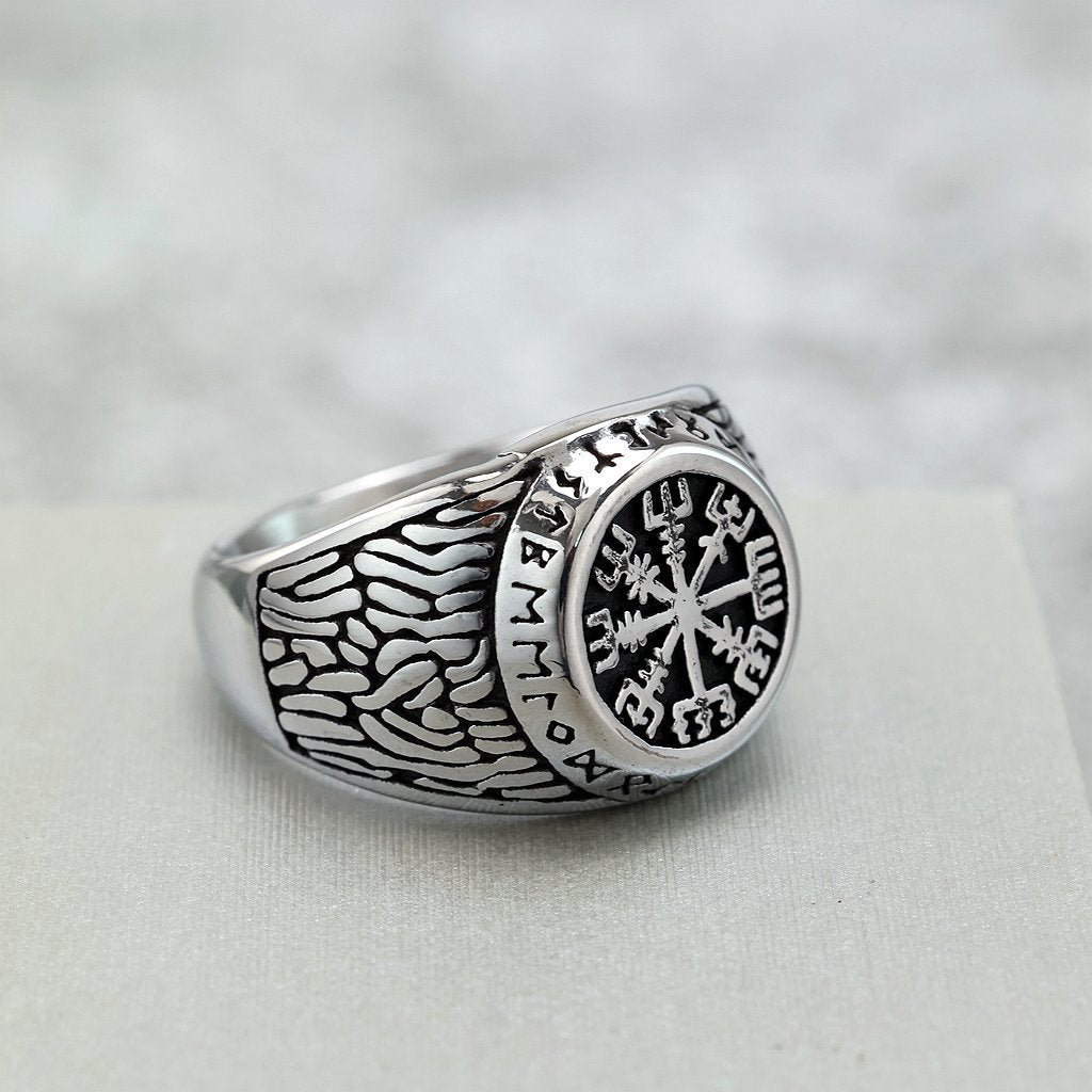 Vintage Solid Stainless Steel Viking Vegvisir Rune Band Ring for Men