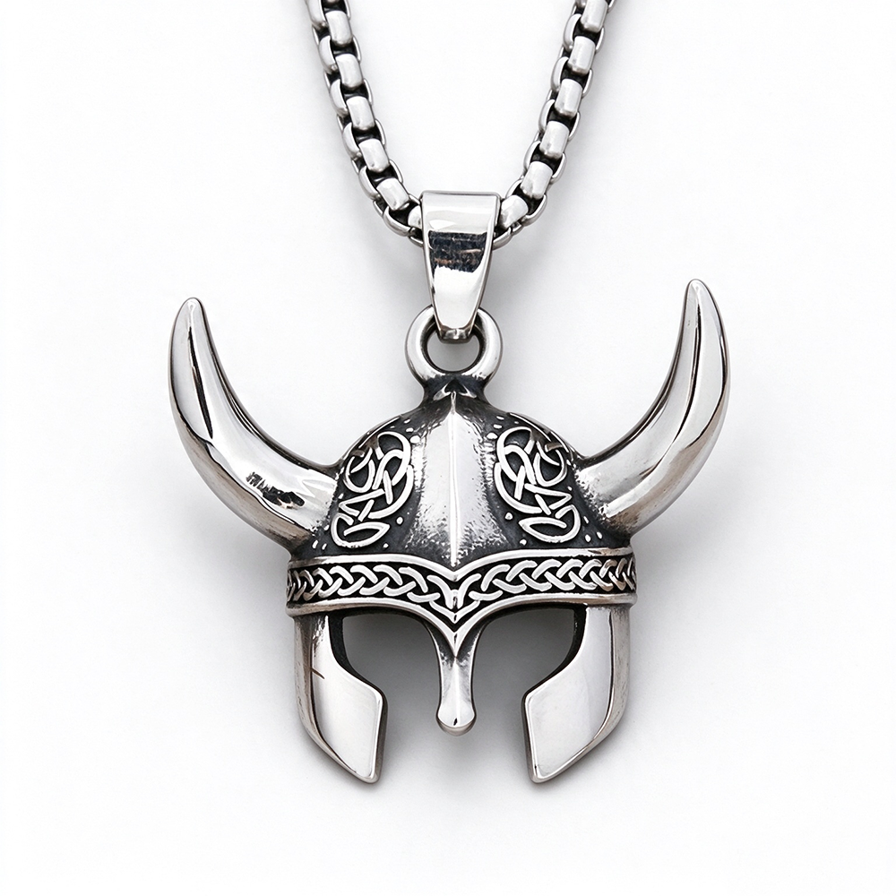 Men's Viking Helmet Horn Celtic Knot Pendant Necklace