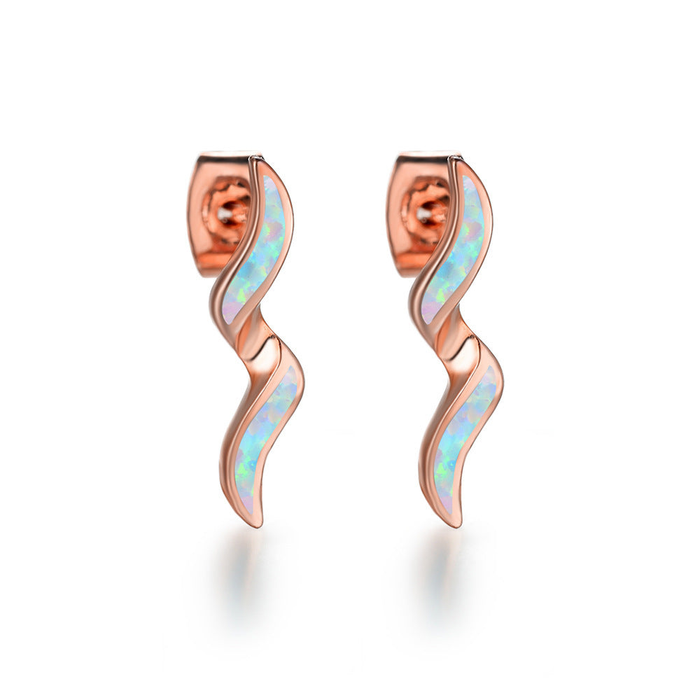 Women's Wavy Curve Inlaid Opal Drop Stud Earrings