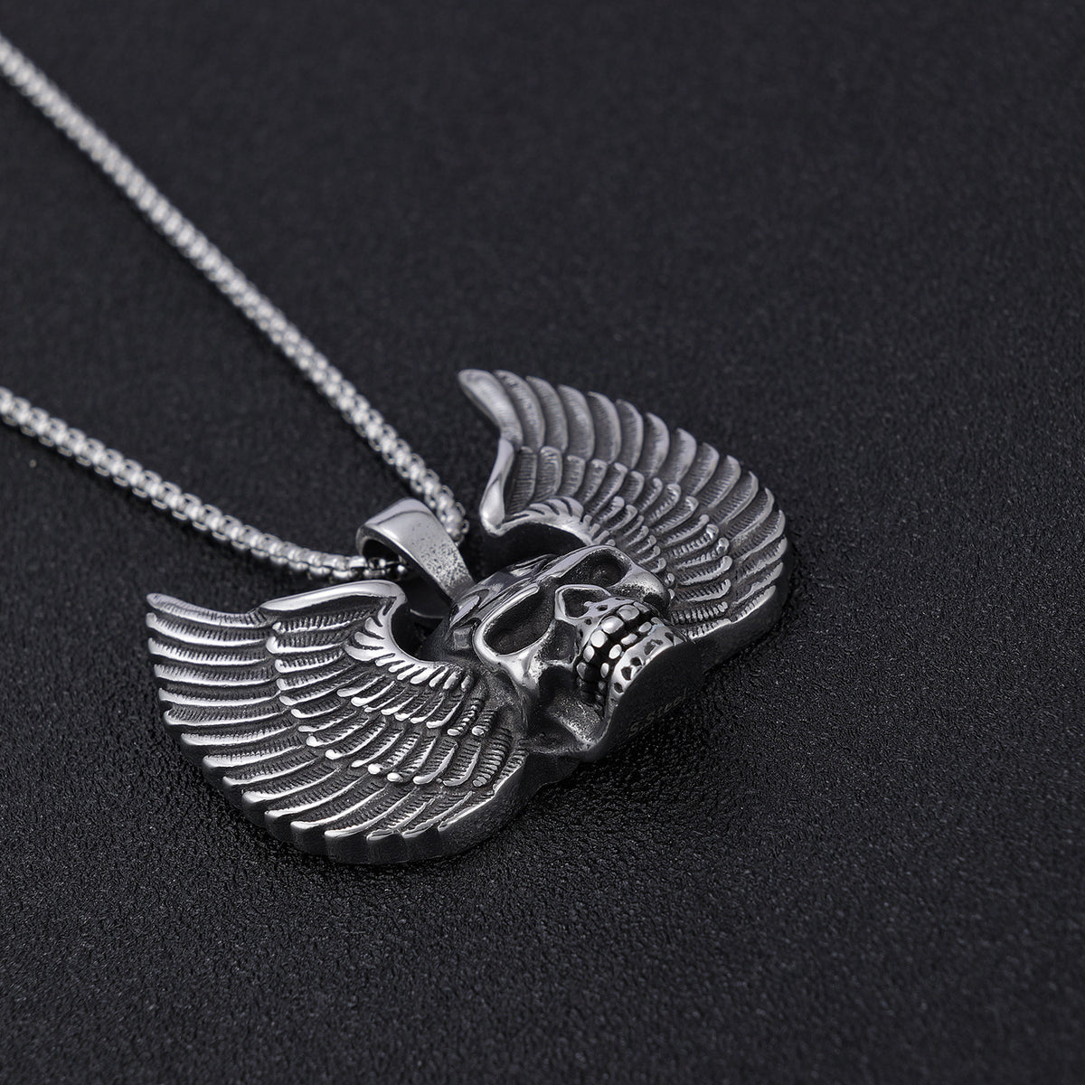 Men's Steel Winged Skull Pendant Necklace