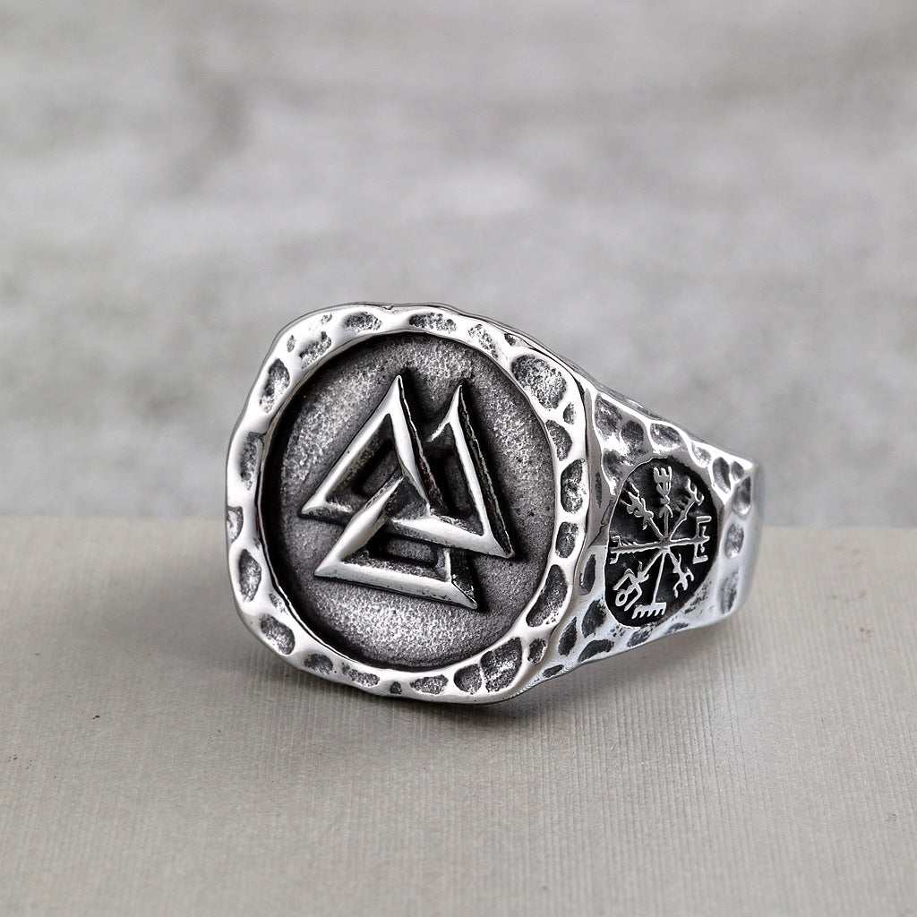 Vintage Solid Stainless Steel Viking Valknut Vegvisir Round Signet Ring for Men